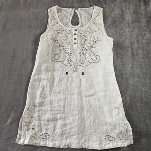 Motto Reno 100% Linen Size M Embroidered Boho Tunic Top Embellished White